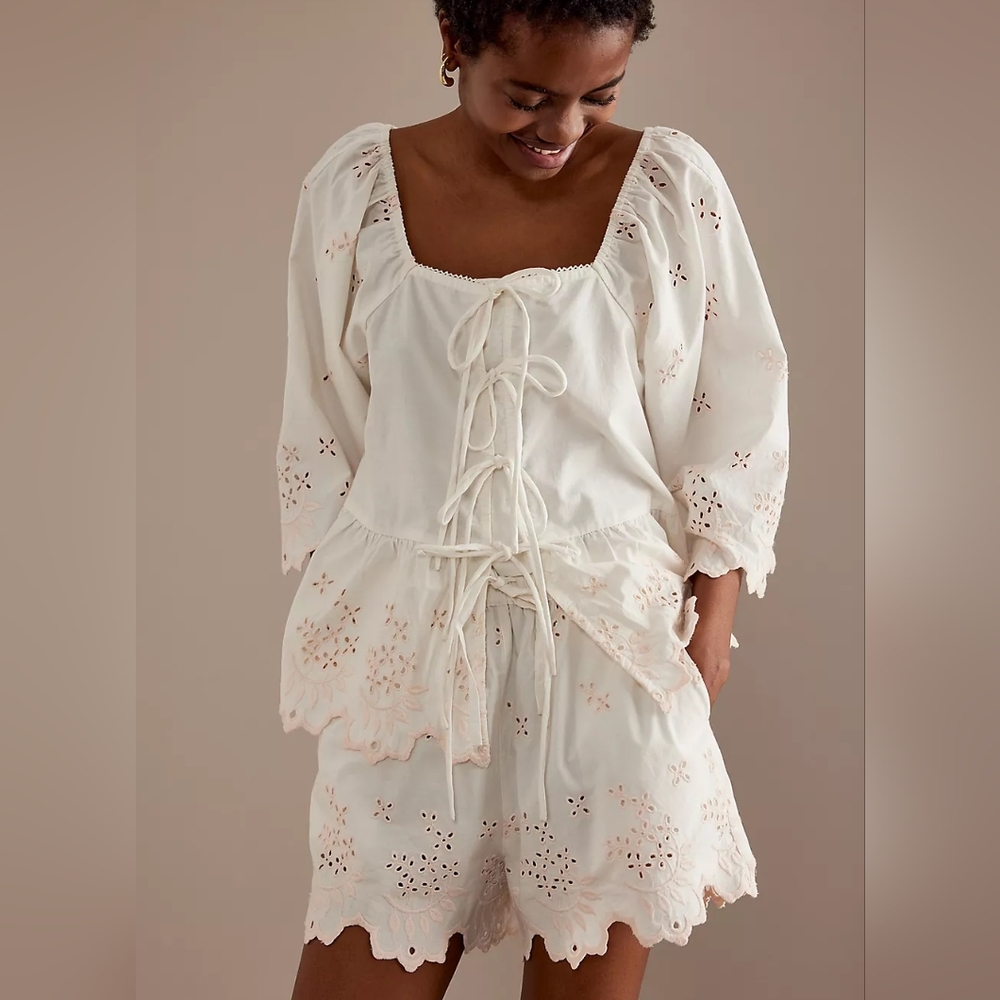 Damson Madder Lana Broderie Tie-Front Blouse EU Size 12/ US 8